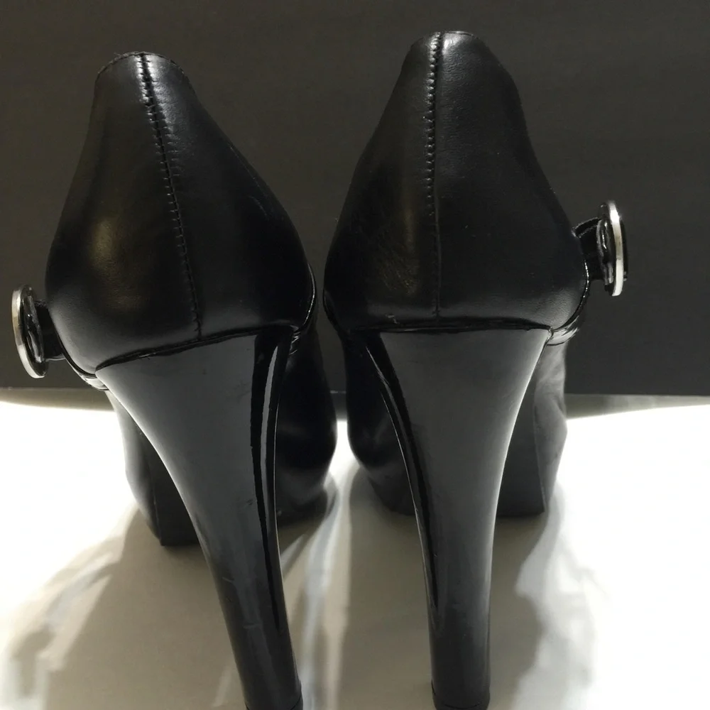 BCBGeneration Black Patent Mary Jane Platform Heels with Silver Buckle